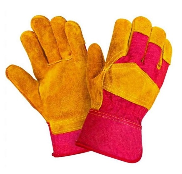 Перчатки спилковые комбинированные желтые с красным (эконом)